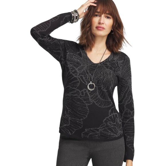 Chico's Sweaters - Chico's Jacquard V-Neck Pullover Sweater Metallic Floral Knit V-Neck Size 3 (XL)